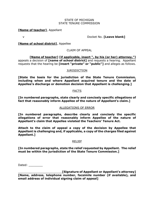 Claim of Appeal Template - Michigan Download Pdf