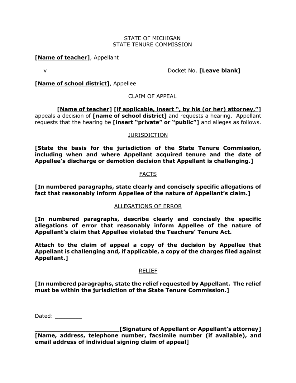 Claim of Appeal Template - Michigan, Page 1