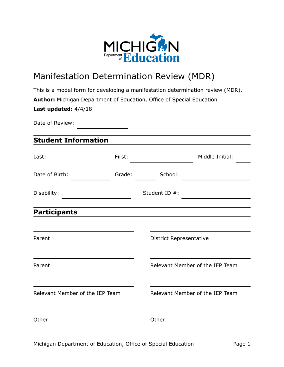 Manifestation Determination Review (Mdr) - Michigan, Page 1