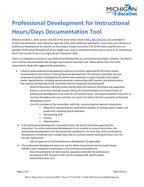 Professional Development for Instructional Hours / Days Documentation Tool - Michigan Download Pdf