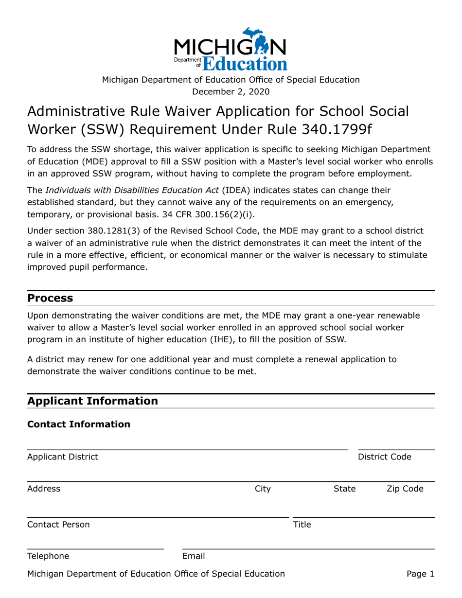 Administrative Rule Waiver Application for School Social Worker (Ssw) Requirement Under Rule 340.1799f - Michigan, Page 1