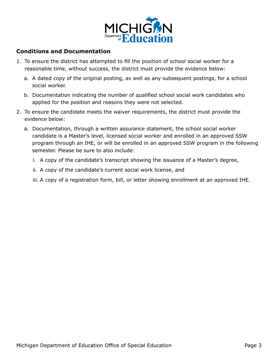 Administrative Rule Waiver Application for School Social Worker (Ssw) Requirement Under Rule 340.1799f - Michigan, Page 3