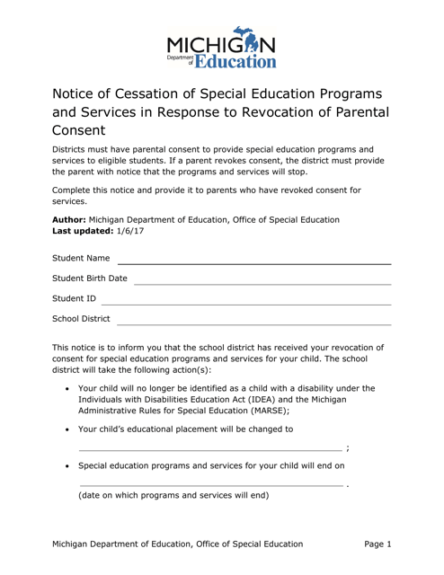 Notice of Cessation of Special Education Programs and Services in Response to Revocation of Parental Consent - Michigan