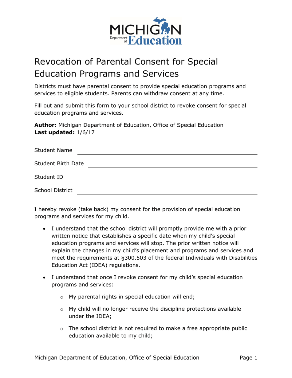 Revocation of Parental Consent for Special Education Programs and Services - Michigan, Page 1