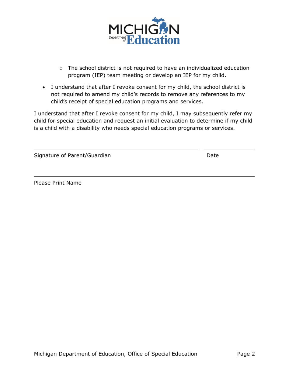 Revocation of Parental Consent for Special Education Programs and Services - Michigan, Page 2