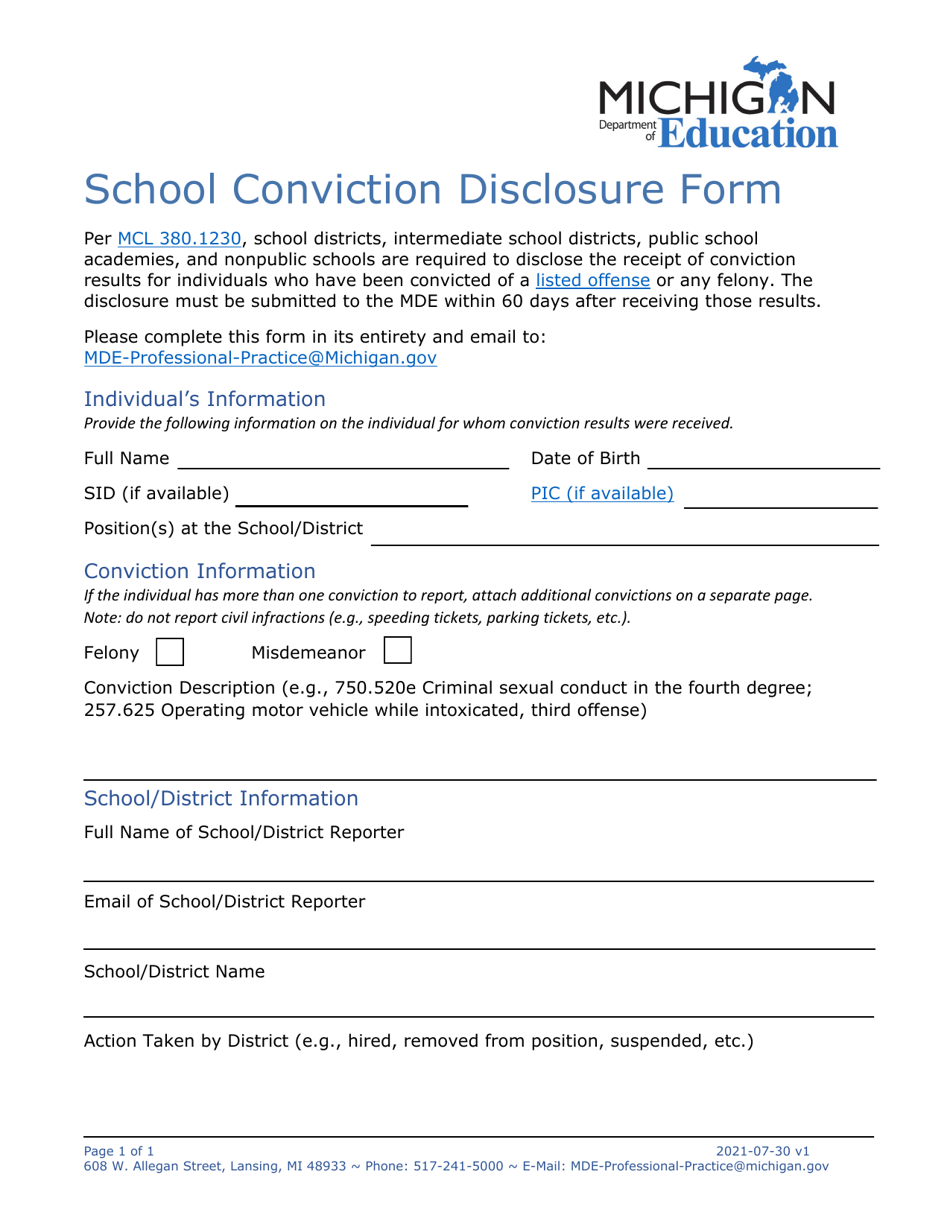 School Conviction Disclosure Form - Michigan, Page 1