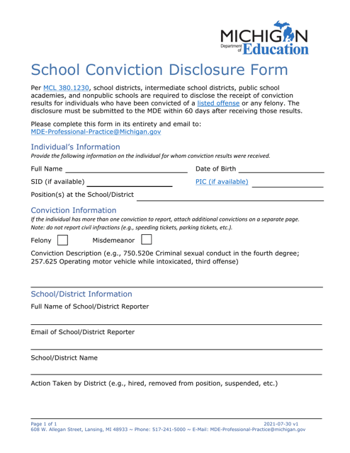 School Conviction Disclosure Form - Michigan Download Pdf