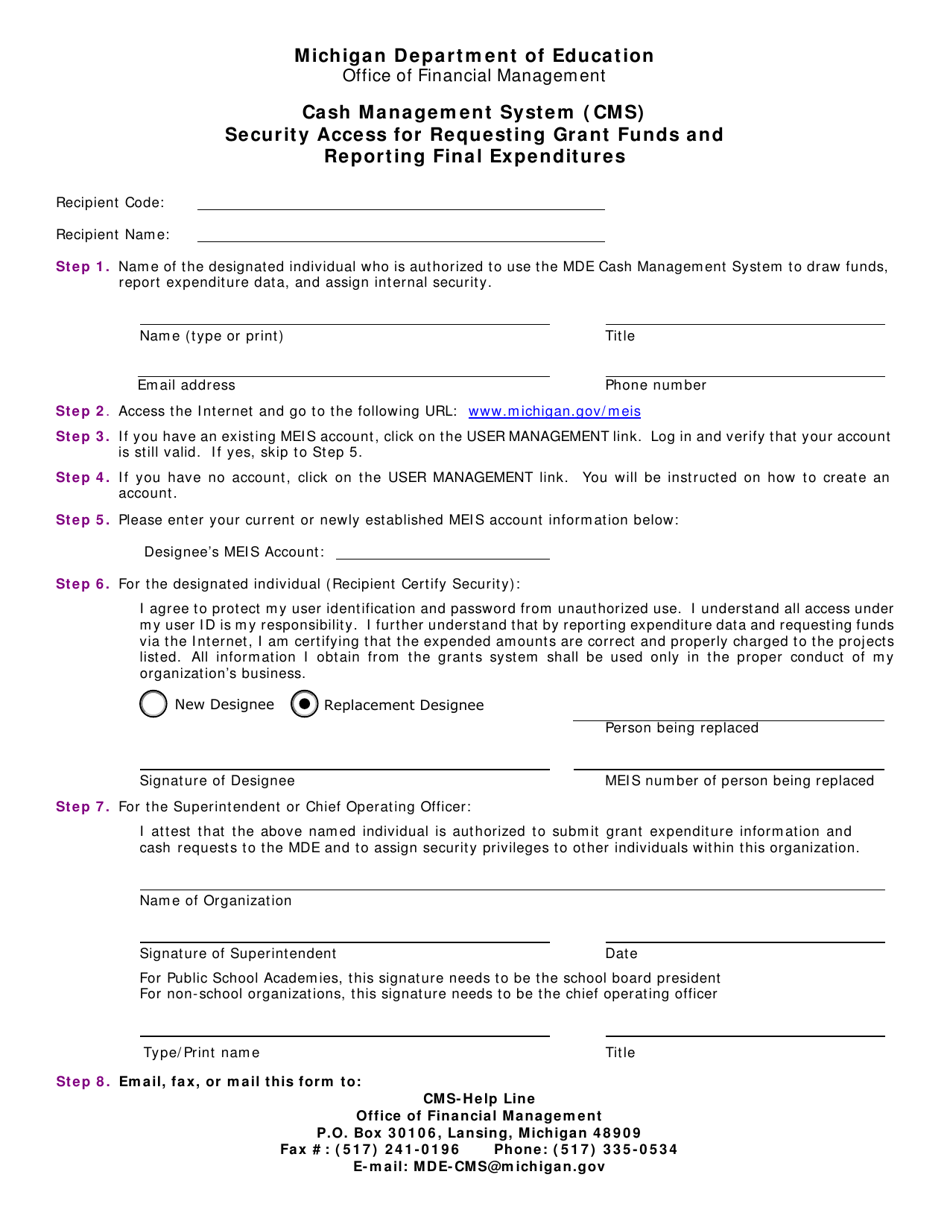 Cash Management System (Cms) Security Access for Requesting Grant Funds and Reporting Final Expenditures - Michigan, Page 1