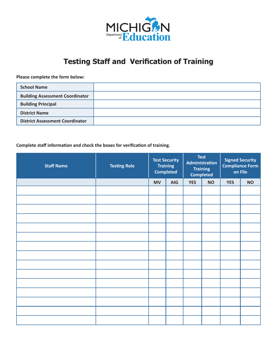 Testing Staff and Verification of Training - Michigan, Page 1