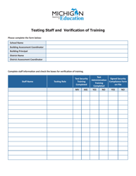 Document preview: Testing Staff and Verification of Training - Michigan
