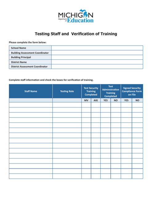 Testing Staff and Verification of Training - Michigan