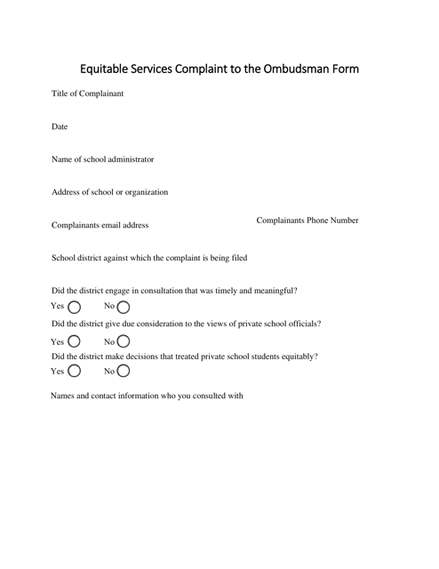 Equitable Services Complaint to the Ombudsman Form - Michigan Download Pdf