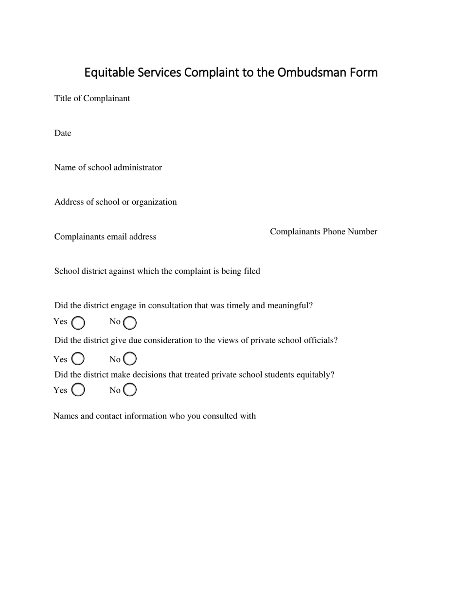 Equitable Services Complaint to the Ombudsman Form - Michigan, Page 1