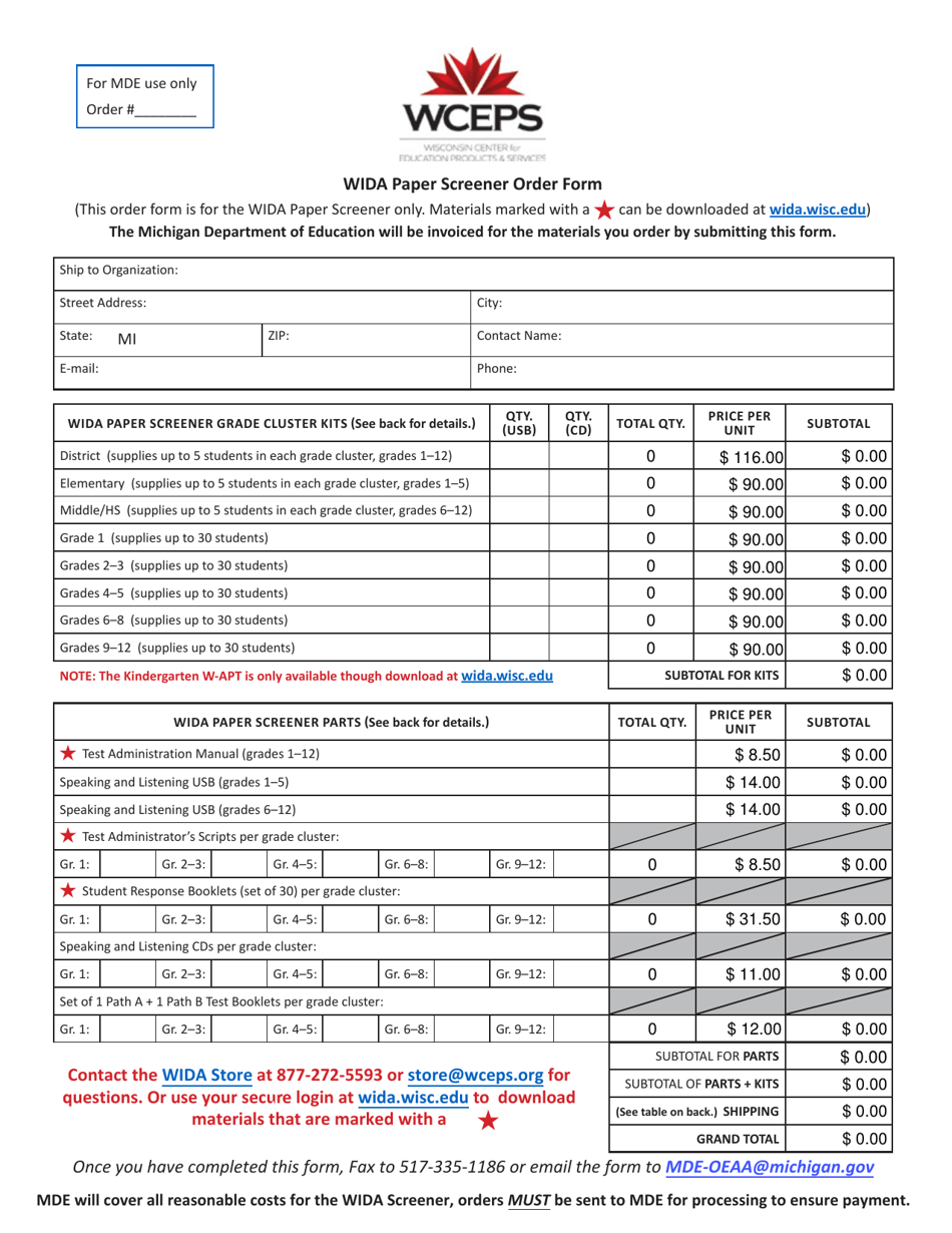 Wida Paper Screener Order Form - Michigan, Page 1