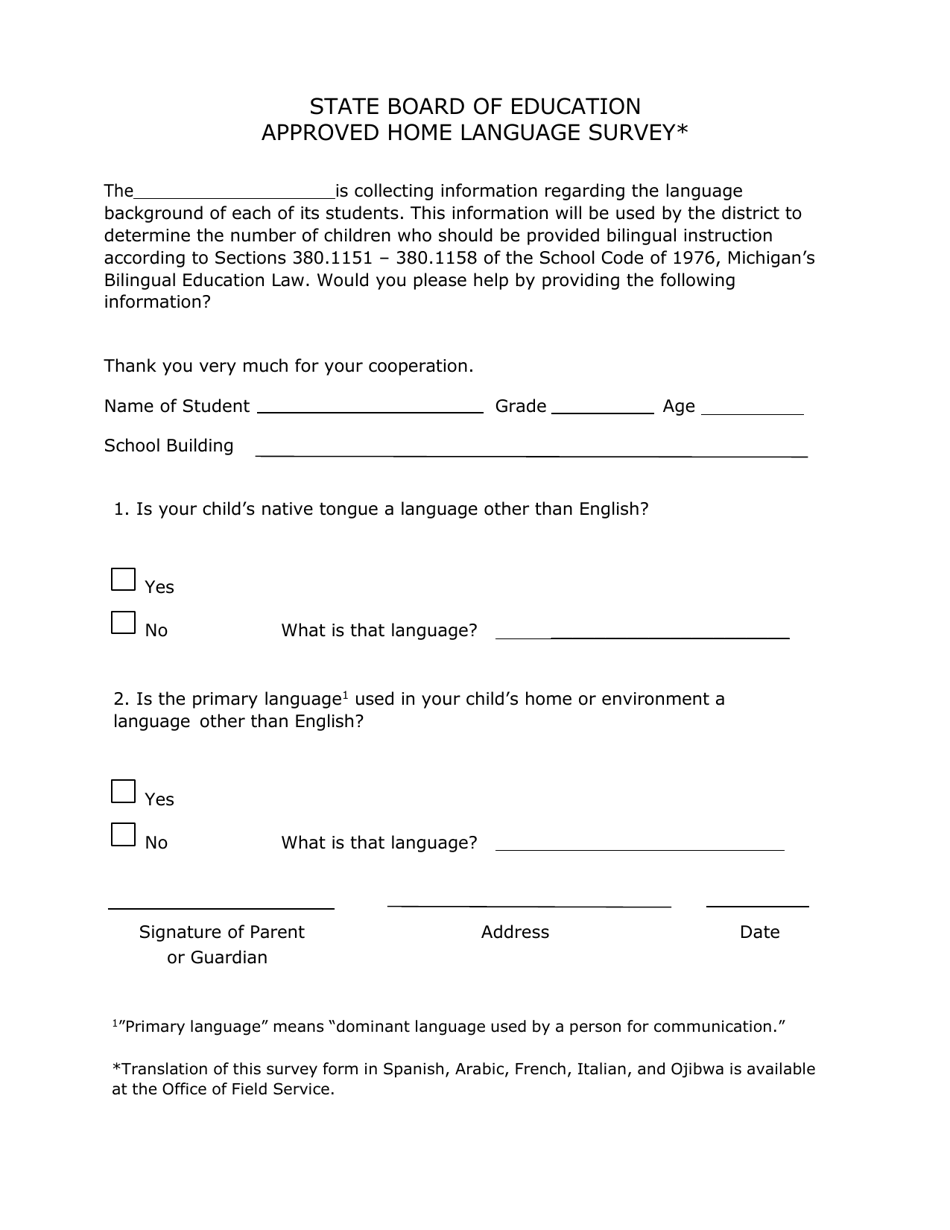 Approved Home Language Survey - Michigan, Page 1