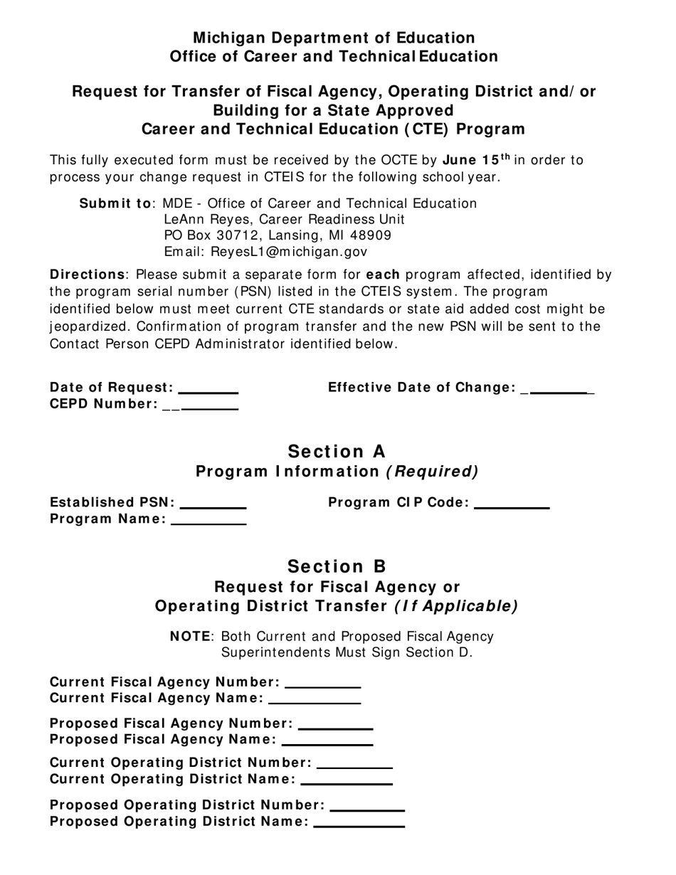 Request for Transfer of Fiscal Agency, Operating District and / or Building for a State Approved Career and Technical Education (Cte) Program - Michigan, Page 1