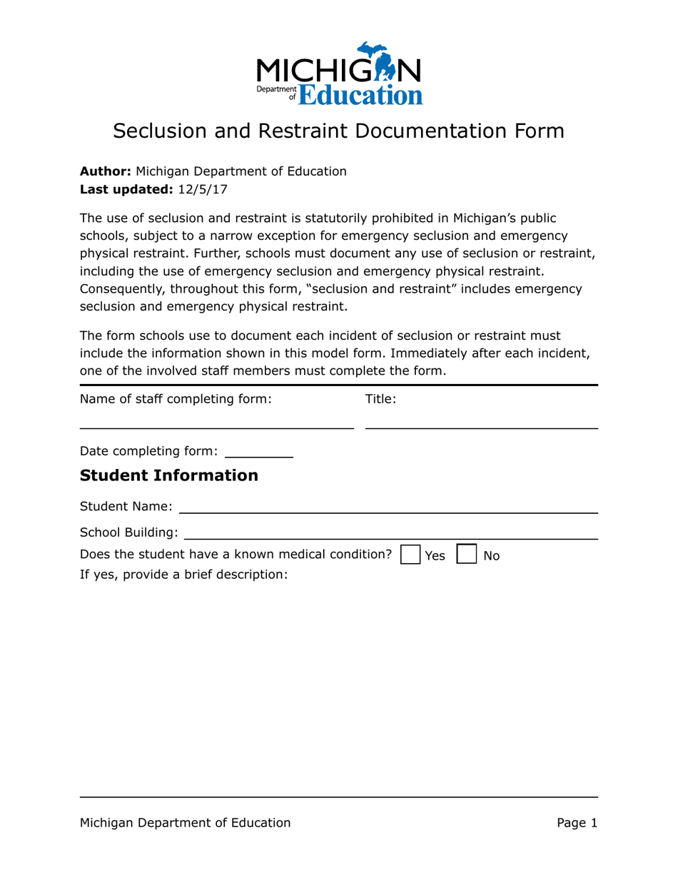Seclusion and Restraint Documentation Form - Michigan, Page 1