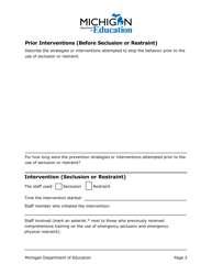 Seclusion and Restraint Documentation Form - Michigan, Page 3