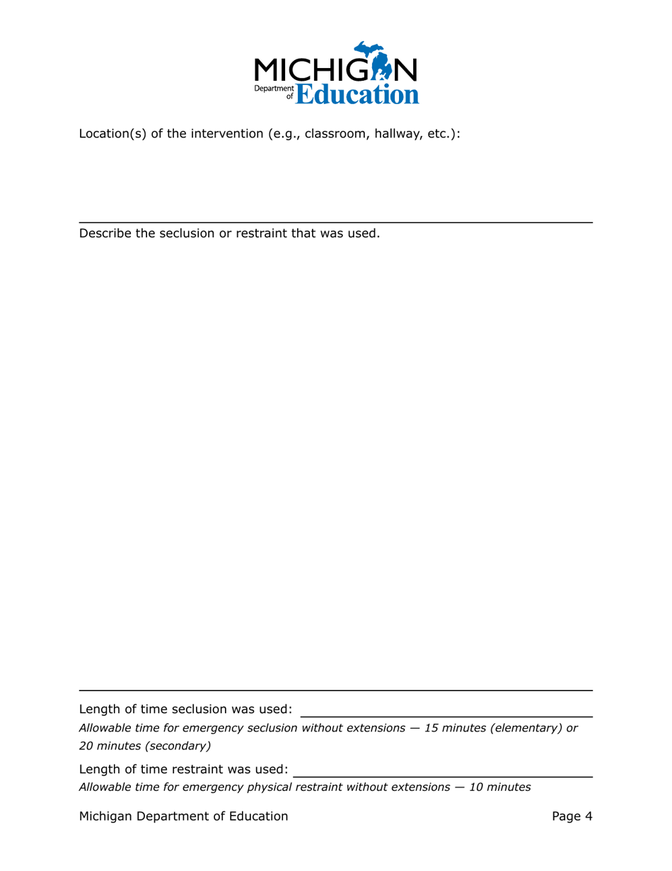 Seclusion and Restraint Documentation Form - Michigan, Page 4