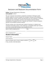 &quot;Seclusion and Restraint Documentation Form&quot; - Michigan