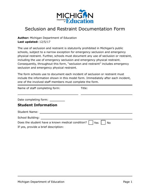 Seclusion and Restraint Documentation Form - Michigan Download Pdf