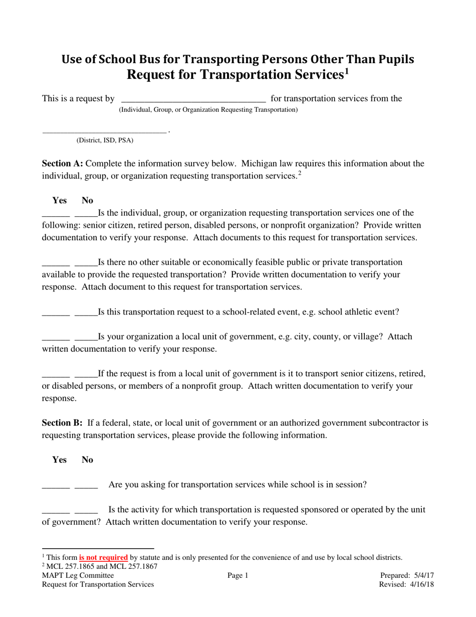 Use of School Bus for Transporting Persons Other Than Pupils Request for Transportation Services - Michigan, Page 1
