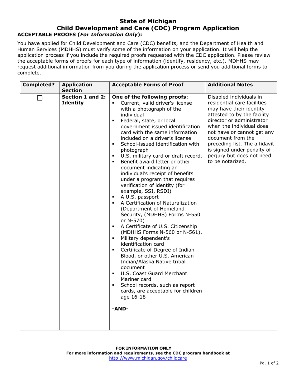 Child Development and Care (CDC) Program Application Verification Checklist - Michigan, Page 1