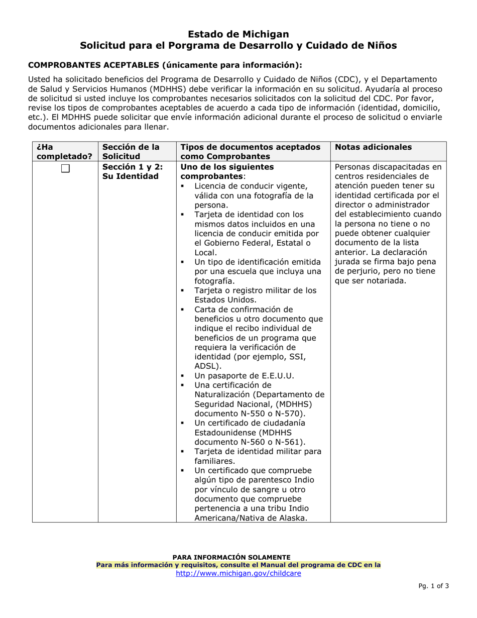Solicitud Para El Programa De Desarrollo Y Cuidado De Ninos - Michigan (Spanish), Page 1