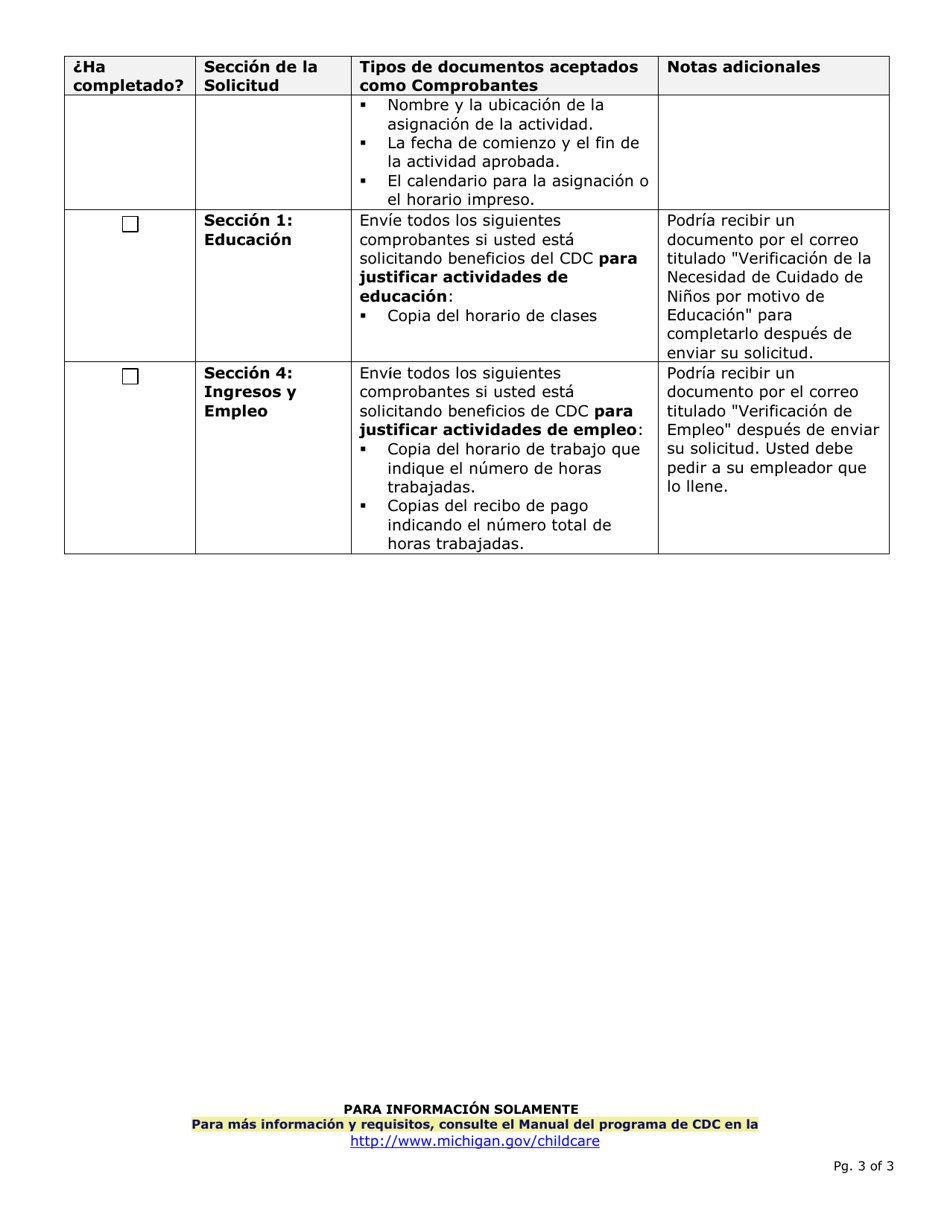 Solicitud Para El Programa De Desarrollo Y Cuidado De Ninos - Michigan (Spanish), Page 3