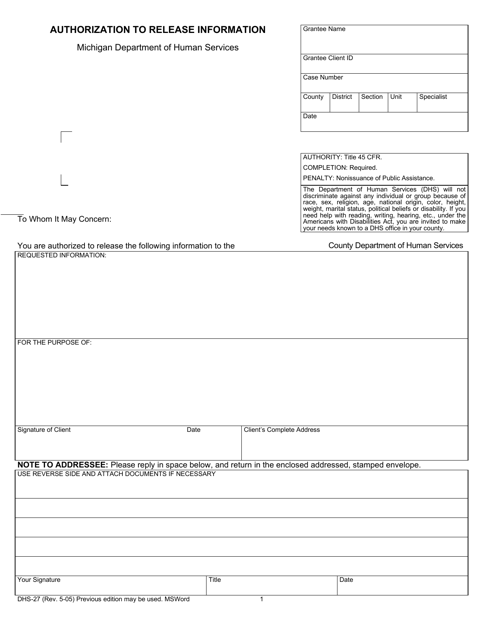 Form DHS-27  Printable Pdf