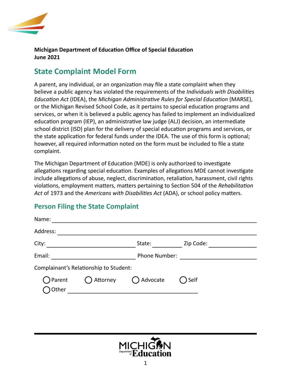 State Complaint Model Form - Michigan, Page 1