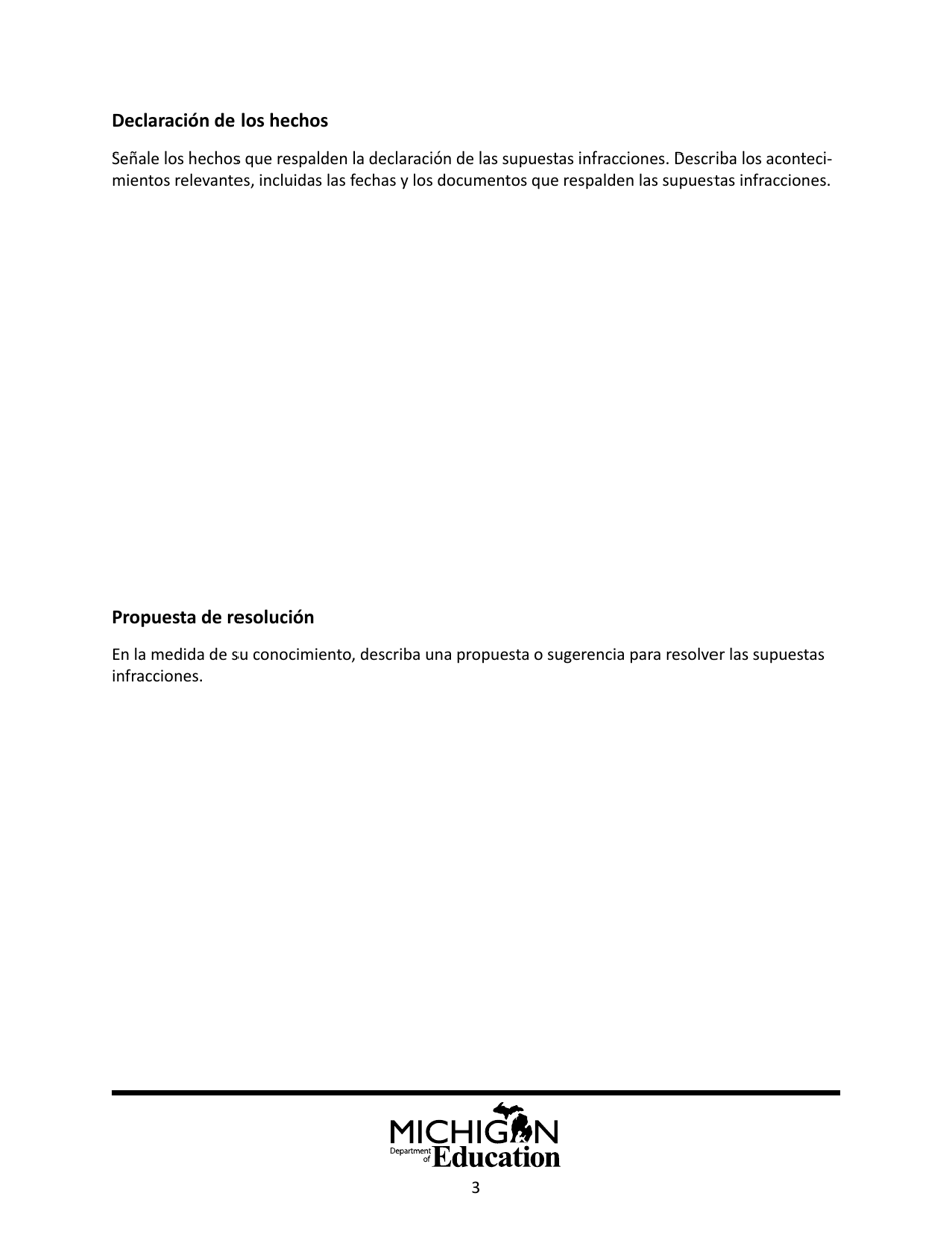 Formulario Modelo Para Presentar Una Queja Ante El Estado - Michigan (Spanish), Page 3