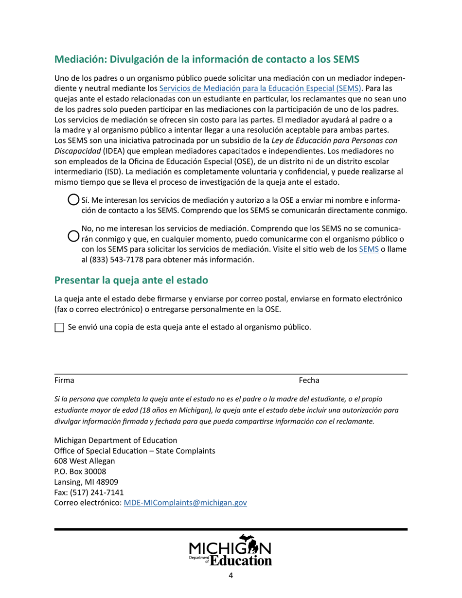Formulario Modelo Para Presentar Una Queja Ante El Estado - Michigan (Spanish), Page 4
