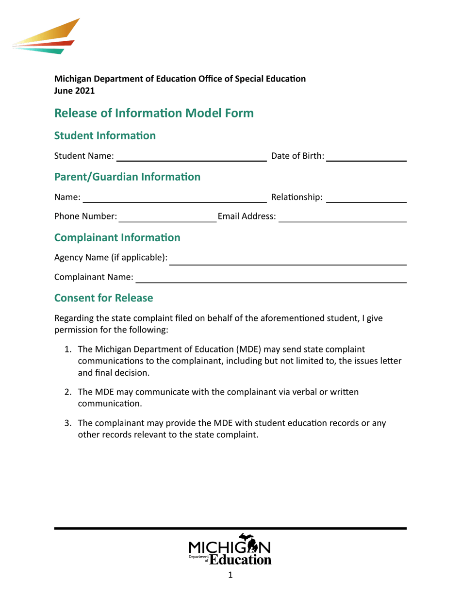 Release of Information Model Form - Michigan, Page 1