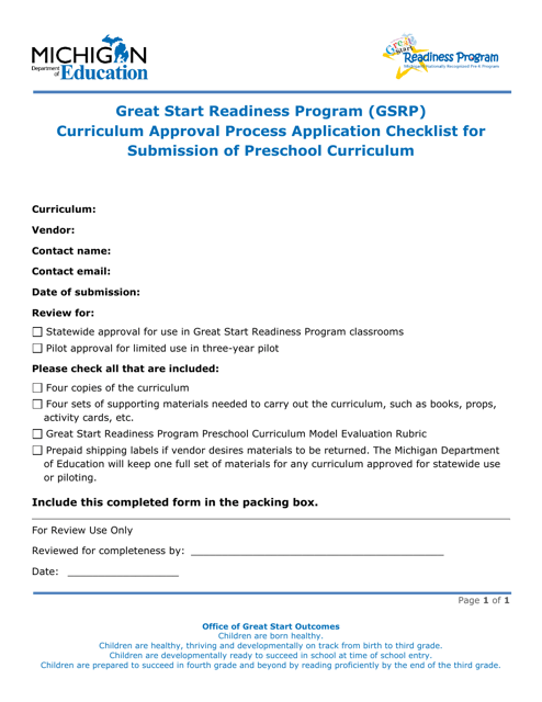 Curriculum Approval Process Application Checklist for Submission of Preschool Curriculum - Great Start Readiness Program (Gsrp) - Michigan Download Pdf