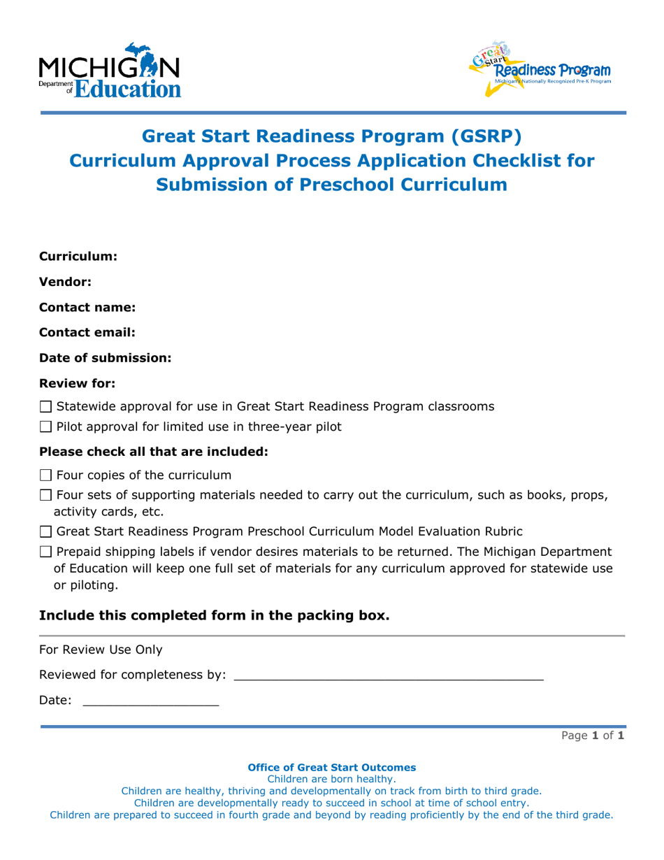Curriculum Approval Process Application Checklist for Submission of Preschool Curriculum - Great Start Readiness Program (Gsrp) - Michigan, Page 1