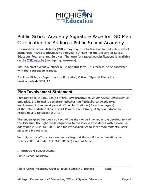 Public School Academy Signature Page for Isd Plan Clarification for Adding a Public School Academy - Michigan