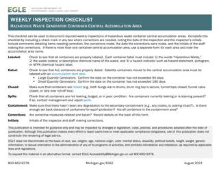 Document preview: Weekly Inspection Checklist - Hazardous Waste Generator Container Central Accumulation Area - Michigan