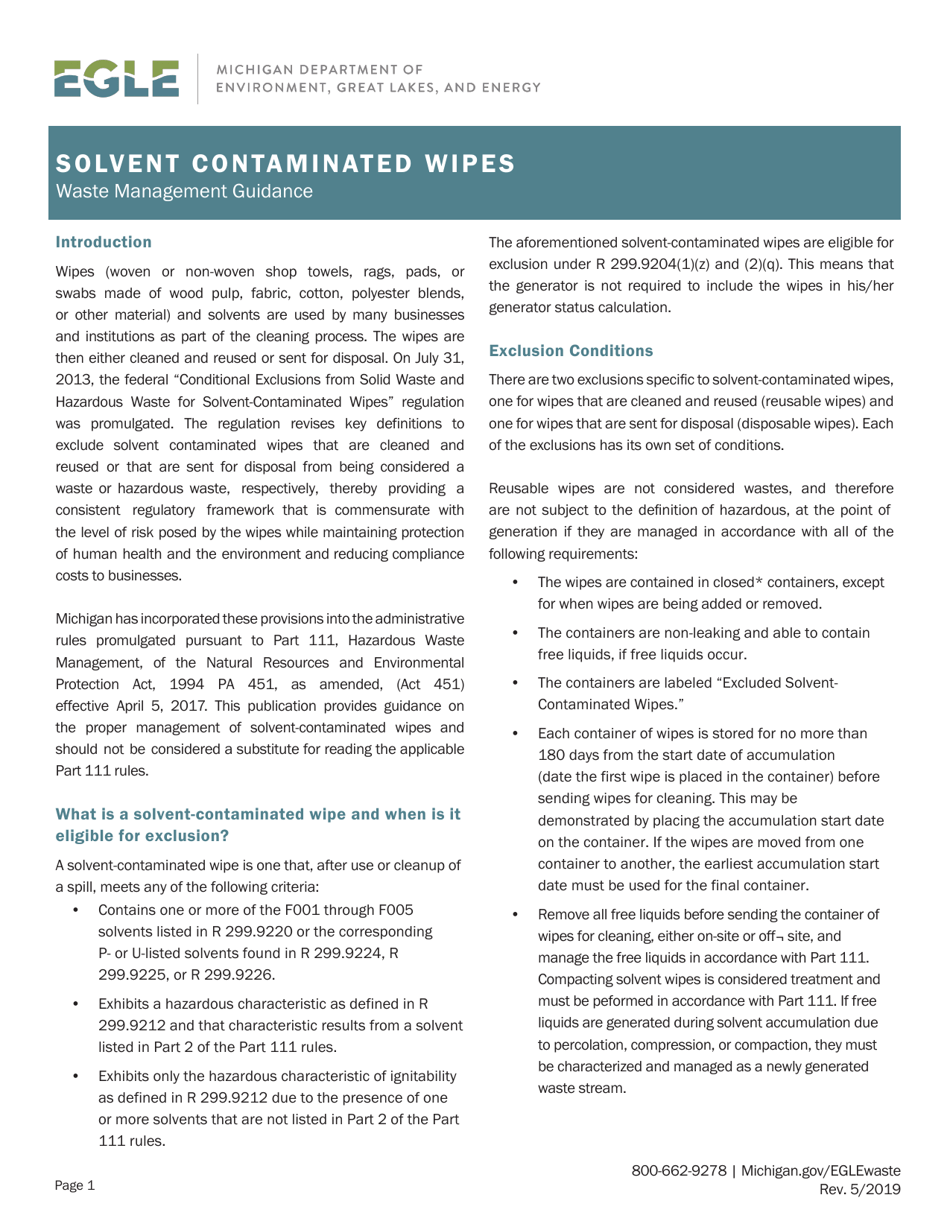 Solvent-Contaminated Wipes Exclusion Form - Michigan, Page 1