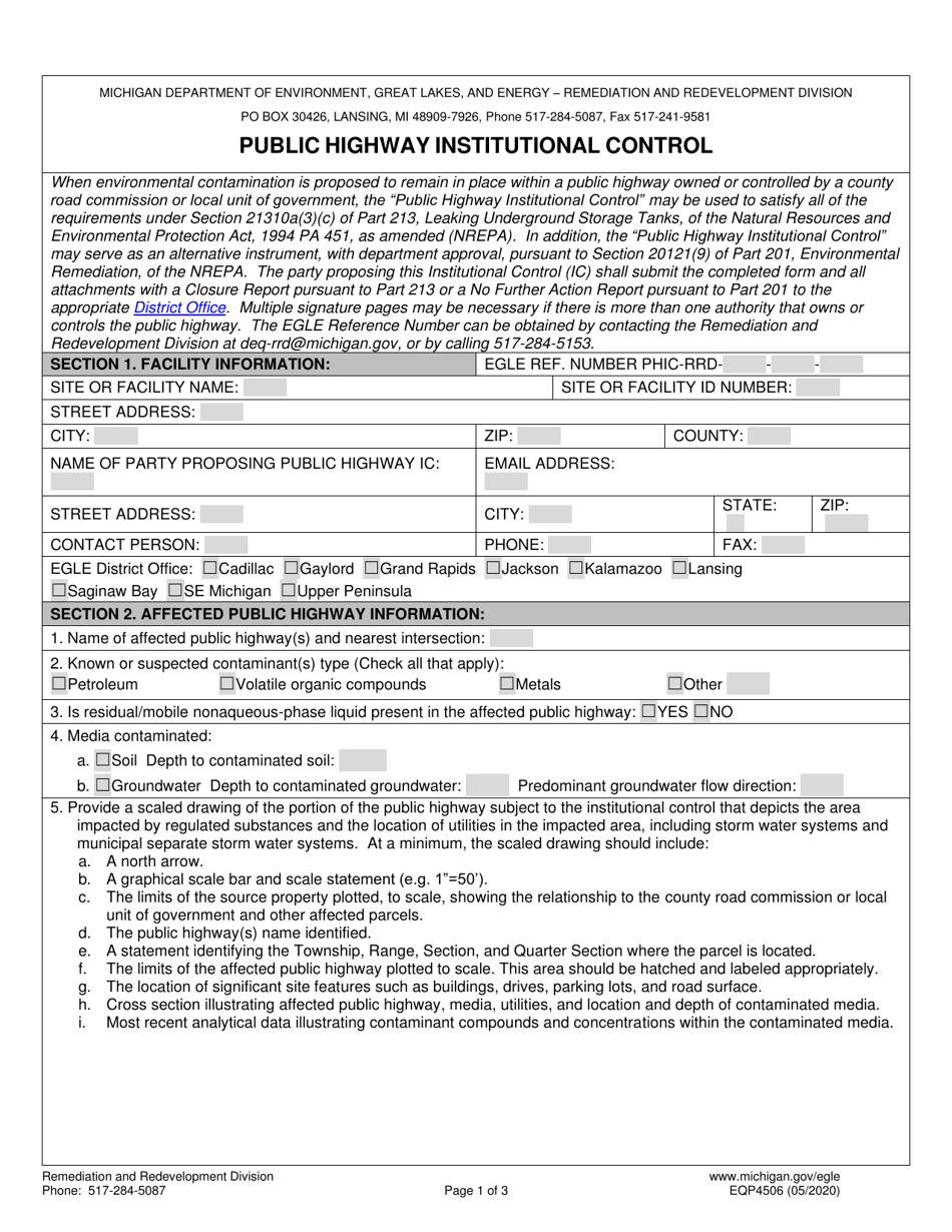 Form EQP4506 Public Highway Institutional Control - Michigan, Page 1