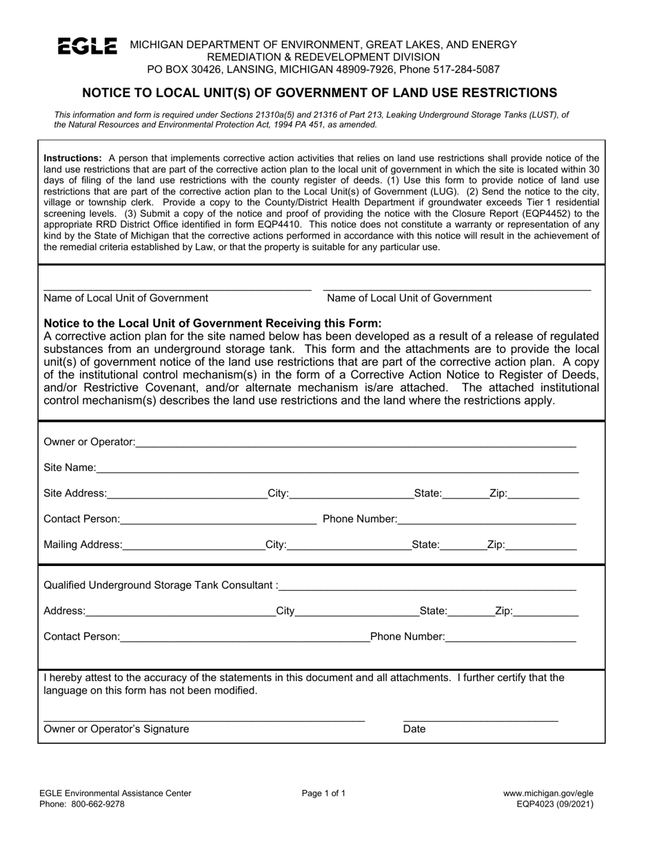 Form EQP4023 Notice to Local Unit(S) of Government of Land Use Restrictions - Michigan, Page 1