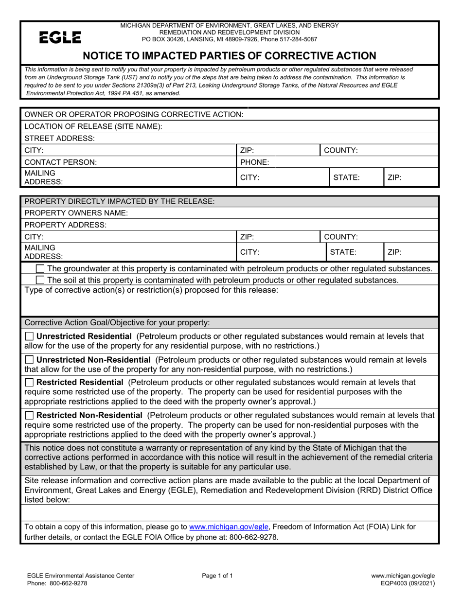 Form EQP4003 Notice to Impacted Parties of Corrective Action - Michigan, Page 1
