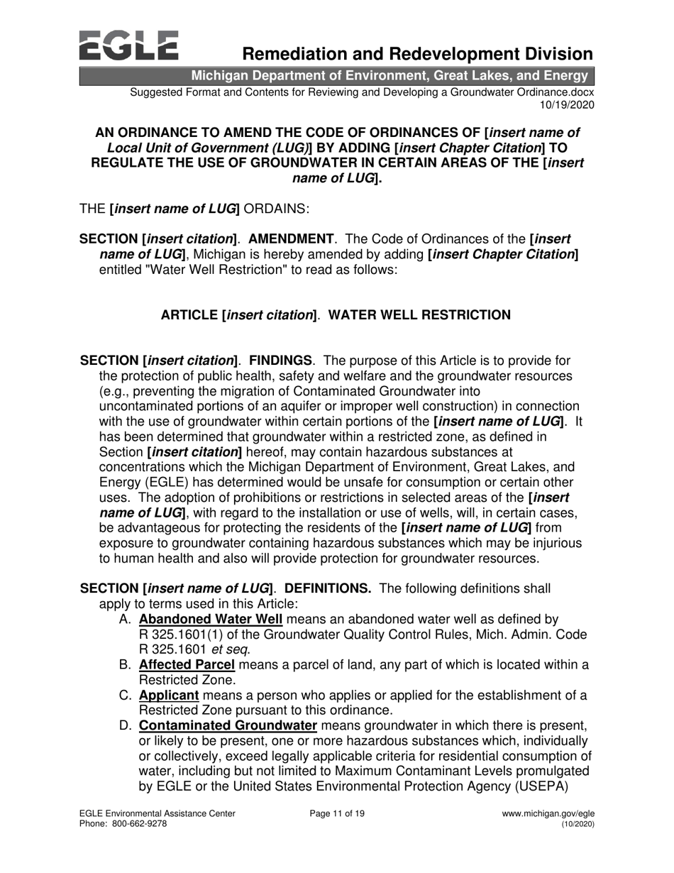 Suggested Format and Contents for Reviewing and Developing a Local Ordinance to Limit or Prohibit the Use of Contaminated Groundwater - Michigan, Page 11