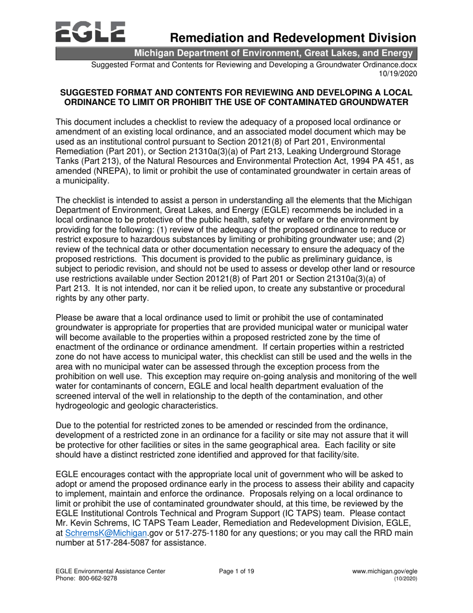 Suggested Format and Contents for Reviewing and Developing a Local Ordinance to Limit or Prohibit the Use of Contaminated Groundwater - Michigan, Page 1