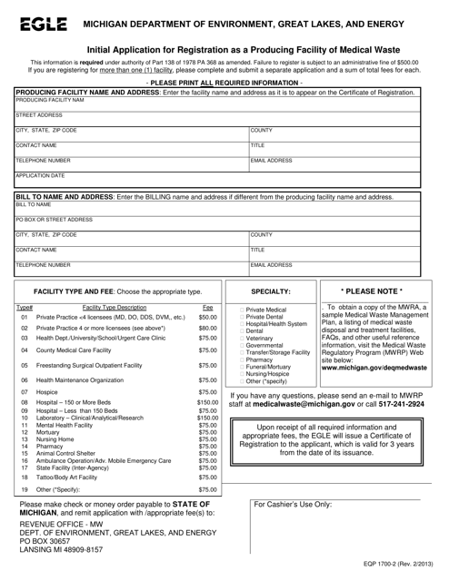 Form EQP1700-2 Initial Application for Registration as a Producing Facility of Medical Waste - Michigan