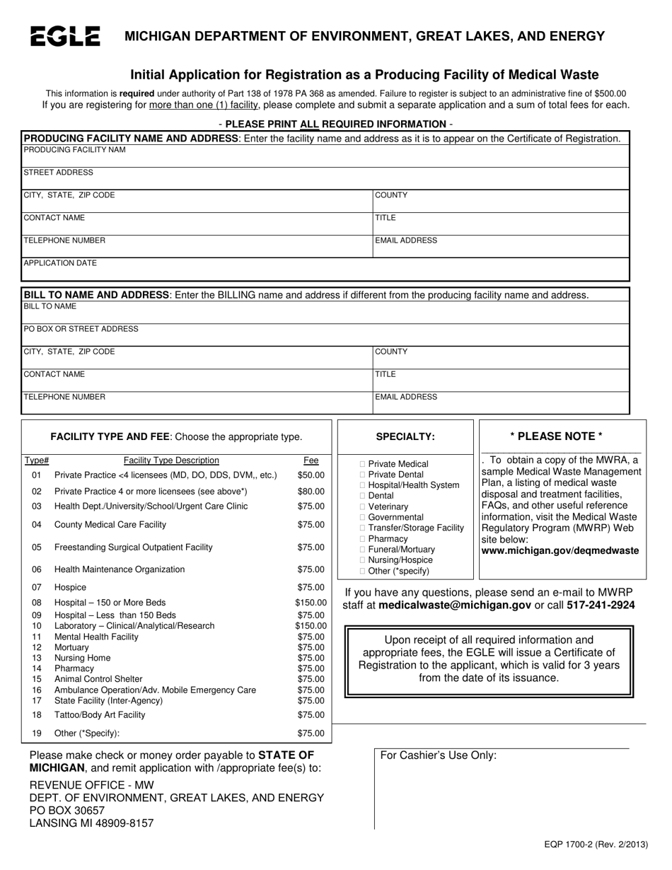 Form EQP1700-2 Initial Application for Registration as a Producing Facility of Medical Waste - Michigan, Page 1