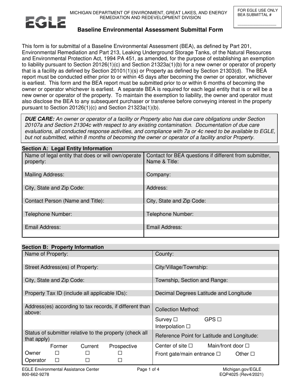 Form EQP4025 Baseline Environmental Assessment Submittal Form - Michigan, Page 1