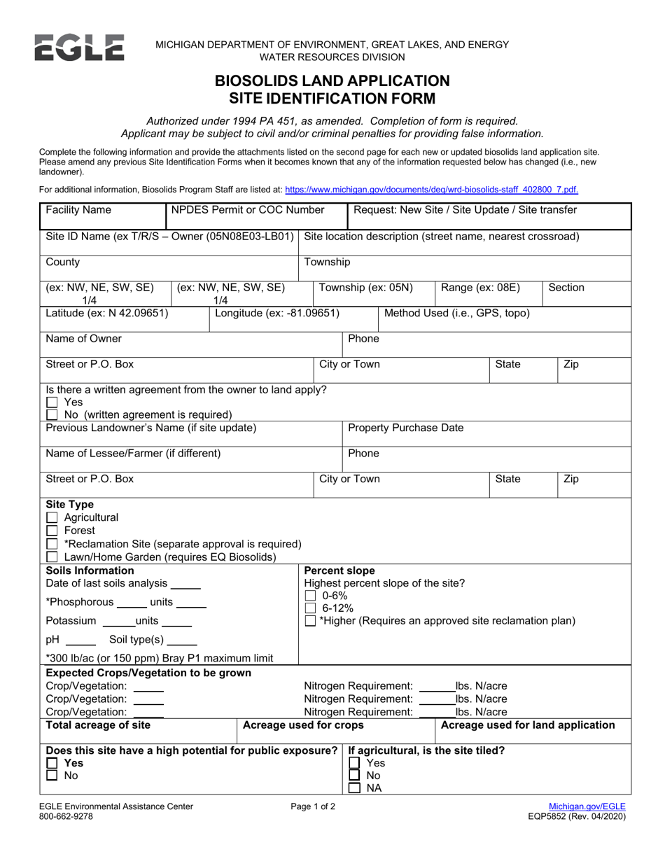 Form EQP5852 Biosolids Land Application Site Identification Form - Michigan, Page 1