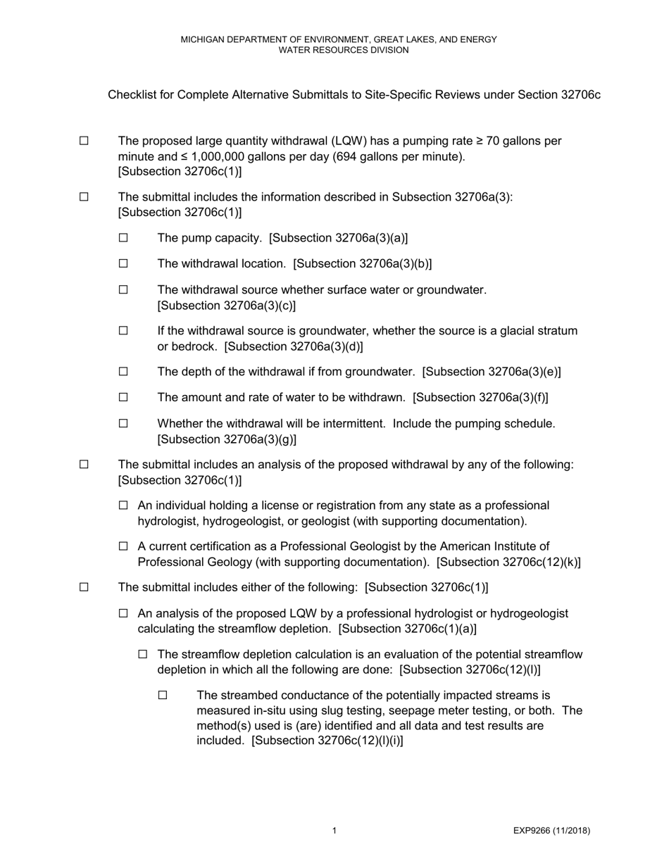 Form EXP9266 Checklist for Complete Alternative Submittals to Site-Specific Reviews Under Section 32706c - Michigan, Page 1