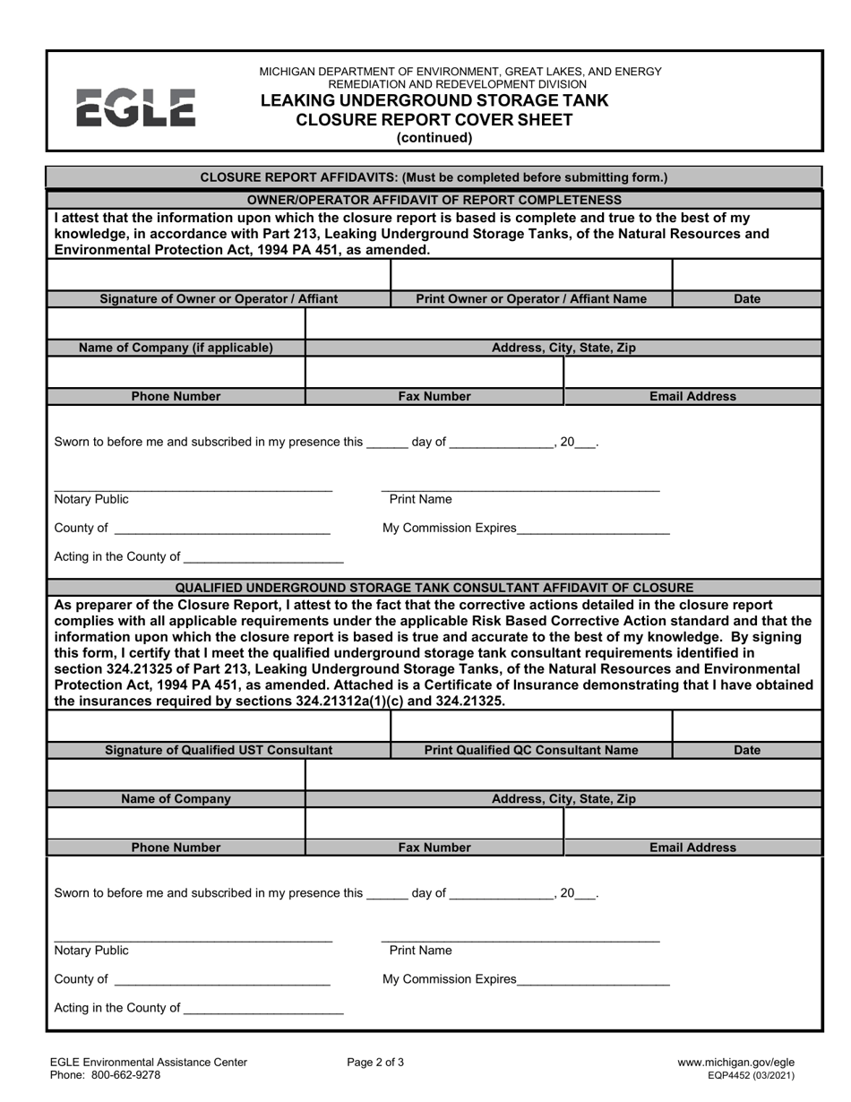 Form EQP4452 Leaking Underground Storage Tank Closure Report Cover Sheet - Michigan, Page 2